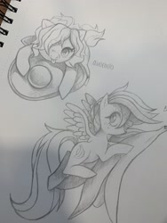 Size: 1536x2048 | Tagged: safe, artist:fluffleart, oc, oc only, pegasus, pony, avocado, banana, duo, food, hair over one eye, monochrome, pencil drawing, tongue out, traditional art