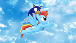 Size: 1366x768 | Tagged: safe, artist:elton's stuff, rainbow dash, g4, 3d, flying, hoverboard, male, mmd, riding, riding a pony, sky, sonic riding rainbow dash, sonic the hedgehog, sonic the hedgehog (series)