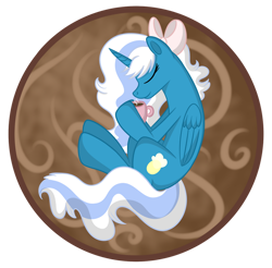 Size: 1024x1008 | Tagged: safe, artist:fallsplash, oc, oc:fleurbelle, alicorn, pony, adorabelle, alicorn oc, bow, cup, cute, eyes closed, female, hair bow, horn, mare, simple background, sleeping, smiling, transparent background, wings