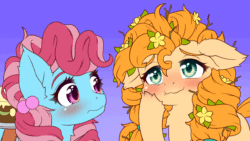 Size: 1278x720 | Tagged: safe, artist:symbianl, cup cake, pear butter, earth pony, pony, g4, the perfect pear, animated, blushing, chiffon swirl, cute, cute cake, duo, eye shimmer, female, flower, flower in hair, gif, mare, pearabetes, purple background, scene interpretation, simple background
