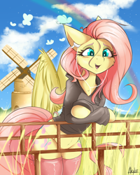 Size: 2400x3000 | Tagged: safe, artist:akylie, fluttershy, butterfly, pegasus, semi-anthro, g4, adorasexy, arm hooves, bipedal, bipedal leaning, blushing, both cutie marks, bottomless, clothes, cloud, cottagecore, cute, earbuds, female, fence, field, headphones, high res, hoodie, leaning, legs together, mare, no panties, open mouth, rainbow, sexy, shyabetes, sky, socks, solo, stockings, strategically covered, thigh highs, windmill