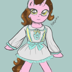 Size: 1000x1000 | Tagged: safe, artist:wrath-marionphauna, oc, oc only, oc:color breezie, unicorn, semi-anthro, arm hooves, clothes, digital art, dress, lolita fashion, looking at you, simple background, sketch, solo