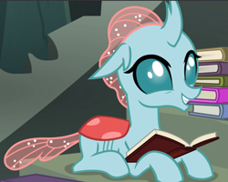 Size: 1173x940 | Tagged: safe, screencap, ocellus, changeling, g4, school daze, book, cropped, cute, diaocelles, female, prone, smiling, solo