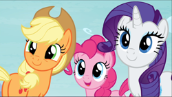 Size: 1666x941 | Tagged: safe, screencap, applejack, pinkie pie, rarity, g4, school daze, butt, cropped, cute, diapinkes, female, jackabetes, plot, raribetes, smiling, trio