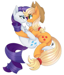 Size: 2464x2863 | Tagged: safe, artist:kikuthefoxofficial, applejack, rarity, earth pony, pony, unicorn, g4, chest fluff, female, high res, hug, lesbian, looking at each other, mare, ship:rarijack, shipping, simple background, transparent background