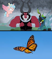 Size: 2912x3328 | Tagged: safe, edit, edited screencap, screencap, cozy glow, lord tirek, queen chrysalis, alicorn, butterfly, centaur, changedling, changeling, pony, g4, the ending of the end, alicornified, cozycorn, female, filly, high res, irl, male, photo, race swap, ultimate chrysalis