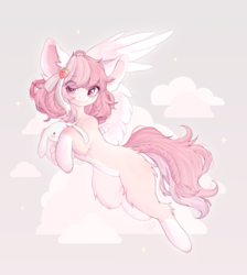 Size: 1789x2000 | Tagged: safe, artist:dustyonyx, oc, oc only, oc:linen, pegasus, pony, rabbit, amputee, bandage, braid, braided tail, bunny plushie, coat markings, colored wings, facial markings, female, hair accessory, leg fluff, mare, pale belly, plushie, sky background, snip (coat marking), socks (coat markings), solo, tail, wings