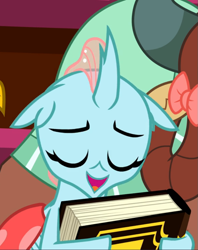 Size: 743x938 | Tagged: safe, screencap, gallus, ocellus, yona, a matter of principals, g4, book, bookbug, cropped, cute, dhx is trying to murder us, diaocelles, eyes closed, female, open mouth, solo focus, weapons-grade cute