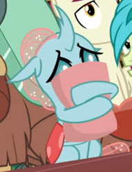 Size: 335x439 | Tagged: safe, screencap, ocellus, sandbar, yona, changedling, changeling, earth pony, pony, a matter of principals, g4, cropped, cute, diaocelles, female, hiding, holding, male, offscreen character, pillow, scared, solo focus, stallion