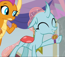Size: 791x694 | Tagged: safe, screencap, ocellus, smolder, a matter of principals, g4, cropped, cute, diaocelles, eyes closed, smiling, solo focus, watch