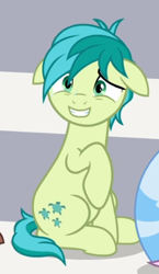 Size: 392x677 | Tagged: safe, screencap, sandbar, pony, a matter of principals, g4, cropped, cute, floppy ears, grin, male, nervous, nervous smile, sandabetes, sitting, smiling, solo