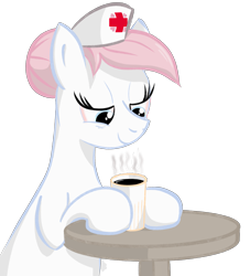Size: 1991x2188 | Tagged: safe, artist:eels, nurse redheart, earth pony, pony, g4, coffee, simple background, sleepy, smiling, solo, transparent background