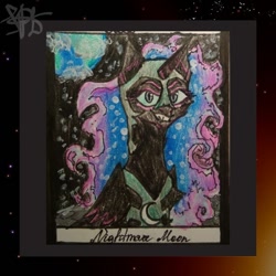 Size: 720x720 | Tagged: safe, alternate version, artist:sixpetal_lilac, nightmare moon, alicorn, pony, g4, abstract background, bust, earth, ethereal mane, female, grin, helmet, mare, peytral, signature, smiling, space, starry mane, stars, traditional art