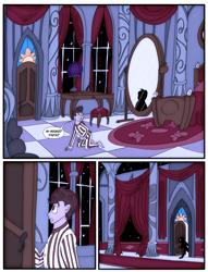 Size: 1904x2488 | Tagged: safe, artist:jacalope, artist:princebluemoon3, oc, oc:tommy the human, human, comic:the chaos within us, bed, bedroom, canterlot castle, clothes, colored, comic, commissioner:bigonionbean, curtains, dialogue, dream, mirror, night, nightmare, pajamas, scared, speech bubble, writer:bigonionbean