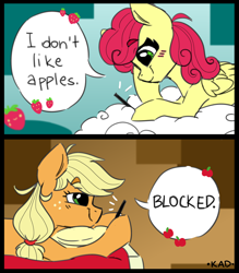 Size: 1050x1200 | Tagged: safe, artist:madkadd, applejack, strawberry sunrise, earth pony, pegasus, pony, g4, bed, blushing, cellphone, cloud, comic, dialogue, duo, female, food, freckles, hoof hold, mare, meme, on a cloud, phone, pillow, ponified meme, prone, signature, smartphone, smiling, strawberry, strawberry savage, that pony sure does hate apples
