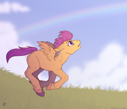Size: 3500x3000 | Tagged: safe, artist:yarugreat, scootaloo, pegasus, pony, g4, blank flank, female, filly, high res, looking up, rainbow, running, sky, solo