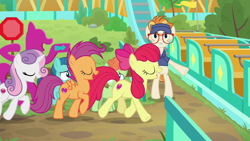 Size: 1920x1080 | Tagged: safe, screencap, apple bloom, dave the intern, scootaloo, sweetie belle, g4, growing up is hard to do, cutie mark, cutie mark crusaders, older, the cmc's cutie marks
