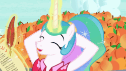 Size: 800x450 | Tagged: safe, screencap, princess celestia, alicorn, pony, between dark and dawn, g4, alternate hairstyle, animated, clothes, cute, cutelestia, ethereal mane, female, flowing mane, food, gif, hawaiian shirt, levitation, lotta little things, magic, mare, peach, quill, relaxing, scroll, shirt, singing, solo, telekinesis