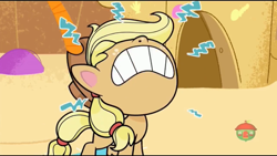 Size: 1136x640 | Tagged: safe, screencap, applejack, earth pony, pony, g4.5, my little pony: pony life, pony surfin' safari, angry, female, mare, nose in the air, solo, treehouse logo