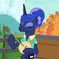 Size: 640x640 | Tagged: safe, edit, edited screencap, screencap, princess luna, pony, between dark and dawn, g4, animated, banjo, cart, cute, eyes closed, female, food, lotta little things, lunabetes, musical instrument, peach, playing instrument, solo