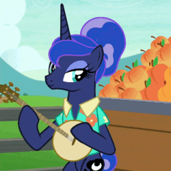 Size: 800x800 | Tagged: safe, screencap, princess luna, pony, between dark and dawn, g4, animated, banjo, cart, female, food, lotta little things, musical instrument, peach, playing instrument, solo