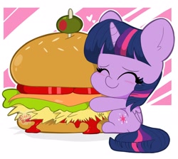 Size: 2048x1836 | Tagged: safe, artist:kittyrosie, twilight sparkle, alicorn, pony, burger, cargo ship, chibi, cute, eyes closed, female, floating heart, food, hay burger, heart, hug, mare, olive, shipping, smiling, solo, that pony sure does love burgers, twiabetes, twilight burgkle, twilight sparkle (alicorn)