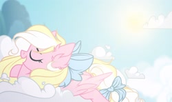 Size: 1926x1144 | Tagged: safe, artist:fantom, oc, oc only, oc:bay breeze, pegasus, pony, bow, cloud, cute, ear fluff, eyes closed, female, hair bow, mare, open mouth, tail bow