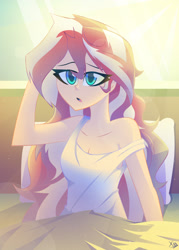 Size: 2340x3264 | Tagged: safe, artist:xan-gelx, sunset shimmer, equestria girls, g4, adorasexy, bed, bedroom, breasts, cleavage, clothes, crepuscular rays, cute, dress, eyelashes, female, high res, loose fitting clothes, morning, morning ponies, open mouth, pillow, sexy, shimmerbetes, sleeveless, solo, tank top