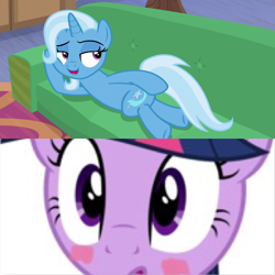 Size: 710x710 | Tagged: safe, edit, edited screencap, screencap, trixie, twilight sparkle, g4, road to friendship, blushing, draw me like one of your french girls, female, lesbian, ship:twixie, shipping, shipping domino