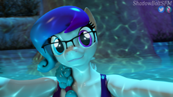 Size: 3840x2160 | Tagged: safe, artist:shadowboltsfm, oc, oc only, oc:aurora starling, anthro, plantigrade anthro, 3d, 4k, bra, clothes, cute, eyelashes, female, glasses, heterochromia, high res, hug, looking at you, offscreen character, pov, smiling, solo, source filmmaker, swimming pool, underwear, wet