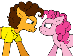 Size: 993x766 | Tagged: safe, artist:cmara, cheese sandwich, pinkie pie, earth pony, pony, g4, clothes, duo, female, looking at each other, male, mare, shirt, simple background, stallion, white background