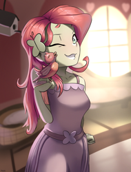 Size: 2525x3325 | Tagged: safe, artist:nookprint, fluttershy, bird, equestria girls, g4, clothes, cute, dress, female, high res, one eye closed, shyabetes, smiling, solo