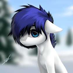 Size: 2500x2500 | Tagged: safe, artist:thatdreamerarts, oc, oc only, oc:ink glow, oc:isaac pony, earth pony, pony, background pony, blue eyes, blue mane, cute, eyebrows, eyebrows visible through hair, floppy ears, high res, light, light skin, looking at you, male, shy, snow, solo