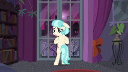 Size: 1280x720 | Tagged: safe, edit, edited screencap, editor:slayerbvc, screencap, coco pommel, earth pony, pony, g4, made in manehattan, accessory-less edit, bipedal, female, floppy ears, looking back, mare, missing accessory, skyline, solo