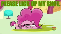 Size: 1920x1080 | Tagged: safe, edit, edited screencap, screencap, pinkie pie, earth pony, pony, g4.5, my little pony: pony life, sick day, caption, disgusting, fetish, gross, image macro, sick, snot, snot fetish, text
