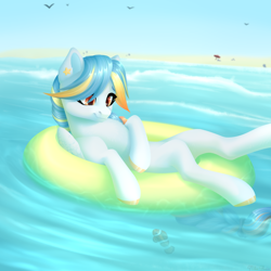 Size: 1500x1500 | Tagged: safe, artist:nika-rain, oc, oc only, oc:seashore swirl, fish, pegasus, pony, g4, beach, commission, cute, floating, inflatable raft, inner tube, jewelry, ocean, pool toy, ring, sky, solo, summer, ych result