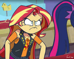 Size: 1700x1350 | Tagged: safe, artist:captainjackass07, sci-twi, sunset shimmer, twilight sparkle, equestria girls, equestria girls series, g4, rollercoaster of friendship, angry, carnival, carnival game, clothes, female, frown, geode of empathy, magical geodes, rageset shimmer, scene interpretation, shrunken pupils, that pony sure have anger issues, vest