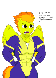 Size: 2552x3504 | Tagged: safe, artist:astrum, spitfire, pegasus, anthro, g4, abs, amazon, biceps, breasts, cleavage, clothes, dialogue, digital art, feathered wings, female, fitfire, hand on hip, high res, irritated, mare, muscles, muscular female, shirt, simple background, skintight clothes, solo, tight clothing, transparent background, undershirt, uniform, wings, wonderbolts uniform, yelling