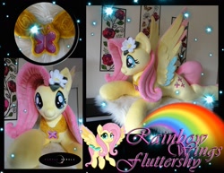 Size: 1280x990 | Tagged: safe, artist:purplenebulastudios, fluttershy, pony, g4, colored wings, element of kindness, irl, multicolored wings, photo, plushie, rainbow wings, solo, wings