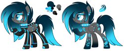Size: 5852x2416 | Tagged: safe, artist:aestheticallylithi, artist:mint-light, oc, oc only, oc:neon stream, pegasus, pony, cyber-questria, base used, boots, choker, clothes, ear piercing, earring, eyeshadow, female, gloves, jewelry, jumpsuit, kanji, makeup, mare, multicolored hair, piercing, raised hoof, reference sheet, shoes, simple background, solo, spiked choker, tattoo, transparent background