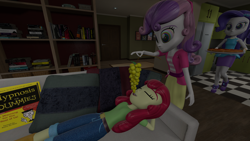 Size: 3840x2160 | Tagged: safe, artist:northern haste, apple bloom, rarity, sweetie belle, equestria girls, g4, 3d, 4k, arm behind head, belt, blank expression, blouse, book, clothes, couch, cute, female, food, for dummies, grapes, headband, high heels, high res, hypnosis, hypnotized, jacket, kitchen, living room, lying down, pants, pencil skirt, pillow, pizza, rarity peplum dress, request, servants, shirt, shoes, skirt, swirly eyes, trio, walking