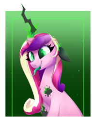 Size: 2316x3052 | Tagged: source needed, safe, artist:confetticakez, queen chrysalis, alicorn, changeling, changeling queen, pony, g4, abstract background, adoracreepy, creepy, cute, cutealis, disguise, disguised changeling, fake cadance, fangs, female, fire, floppy ears, high res, magic, mare, mid-transformation, smiling, solo, tongue out, transformation