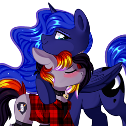 Size: 1000x1000 | Tagged: safe, artist:thieftea, princess luna, oc, oc:moonshine, pony, unicorn, g4, canon x oc, couple, cute, female, happy, hockless socks, hug, lesbian, looking down, love, shipping, size difference, smiling, wholesome
