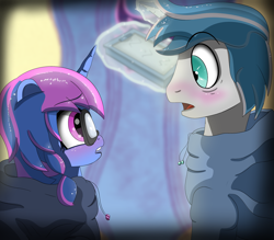 Size: 1000x875 | Tagged: safe, artist:undisputed, oc, oc only, oc:magnifying glass, oc:moonlight wish, pony, unicorn, blushing, duo, female, magic, male, mare, robes, stallion, surprised