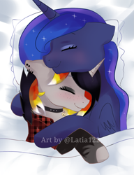 Size: 1025x1336 | Tagged: safe, artist:latia122, princess luna, oc, oc:moonshine, alicorn, pony, unicorn, g4, bed, canon x oc, clothes, collar, couple, cuddling, cute, flannel, flannel shirt, hug, piercing, pillow, shipping, shirt, size difference, sleeping, snuggling, stockings, thigh highs, wholesome