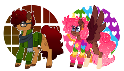 Size: 4411x2525 | Tagged: safe, artist:crazysketch101, oc, oc only, oc:brown sugar, oc:spice, pegasus, pony, unicorn, circle background, clothes, duo, glasses, scarf, simple background, sweater, white background