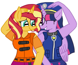 Size: 1259x1045 | Tagged: safe, alternate version, artist:徐詩珮, sunset shimmer, twilight sparkle, alicorn, unicorn, anthro, plantigrade anthro, series:sprglitemplight diary, series:sprglitemplight life jacket days, series:springshadowdrops diary, series:springshadowdrops life jacket days, g4, alternate universe, background removed, chase (paw patrol), clothes, clothes swap, equestria girls outfit, eyelashes, female, grin, hat, lesbian, lifejacket, one eye closed, paw patrol, paw prints, ship:sunsetsparkle, shipping, simple background, smiling, transparent background, twilight sparkle (alicorn), wink