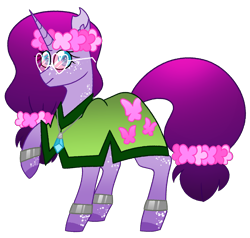 Size: 2773x2640 | Tagged: safe, artist:crazysketch101, oc, oc only, oc:lotus, pony, unicorn, floral head wreath, flower, glasses, high res, hippie, simple background, solo, transparent background