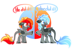 Size: 4500x3068 | Tagged: safe, artist:crazysketch101, oc, oc only, oc:blaze burnside, oc:cinder burnside, pegasus, pony, brother and sister, circle background, duo, female, leonine tail, male, pointing, siblings, simple background, tail, white background
