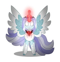 Size: 3368x3476 | Tagged: safe, artist:crazysketch101, oc, oc:stellar spark, alicorn, pony, alicorn amulet, chest fluff, glowing, glowing eyes, high res, solo, spread wings, wings